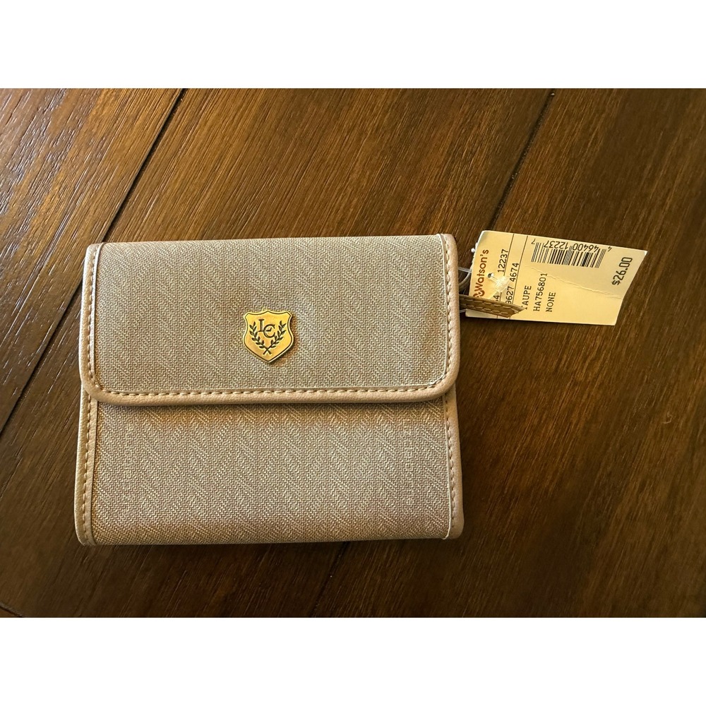 Vintage Liz Claiborne Trifold Wallet Taupe Textured Fabric Gold Crest HA756801